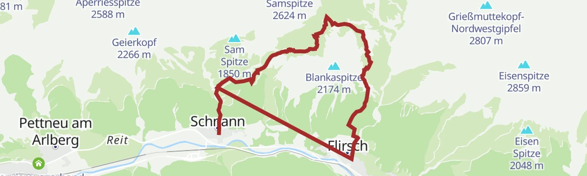 Route map: Schnann - Fritzhütte - Ansbacher Hütte - Flirsch